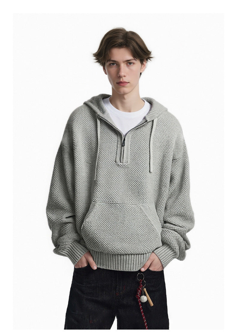 American Retro Textured Half-Zip Hooded Sweater for Men and Women, Autumn Cleanfit Knit Hoodie 171