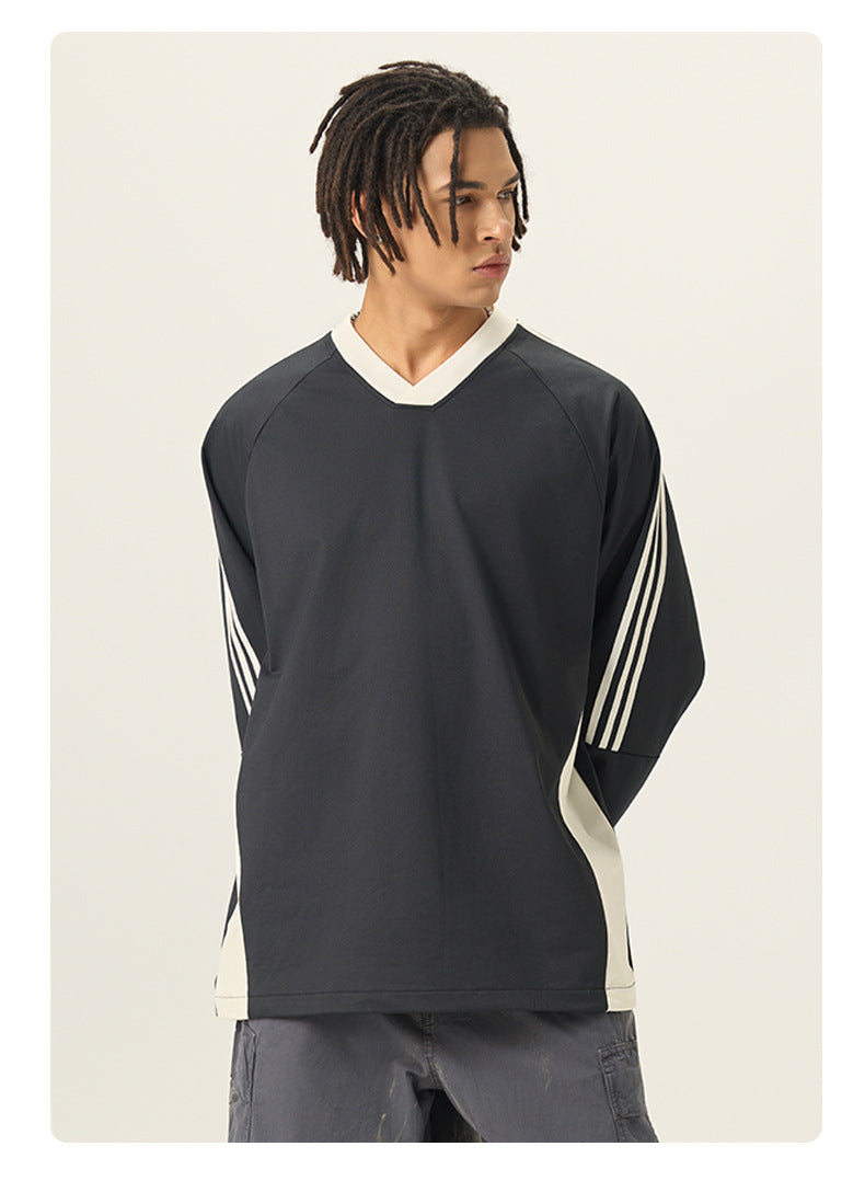 RS Men's Wear | College Style 285G Color Block V-Neck Long-Sleeve T-Shirt, 5A Antibacterial UPF50+ Sun Protection American Style Long-Sleeve T-Shirt 119