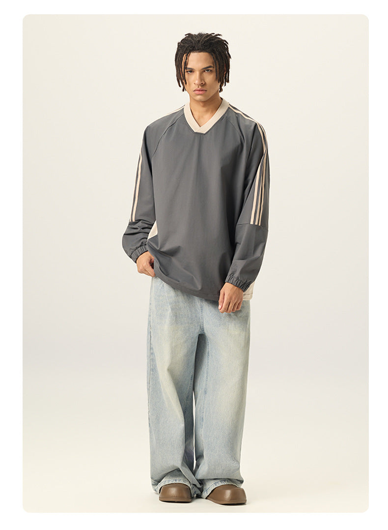 RS Men's Wear | College Style 285G Color Block V-Neck Long-Sleeve T-Shirt, 5A Antibacterial UPF50+ Sun Protection American Style Long-Sleeve T-Shirt 119