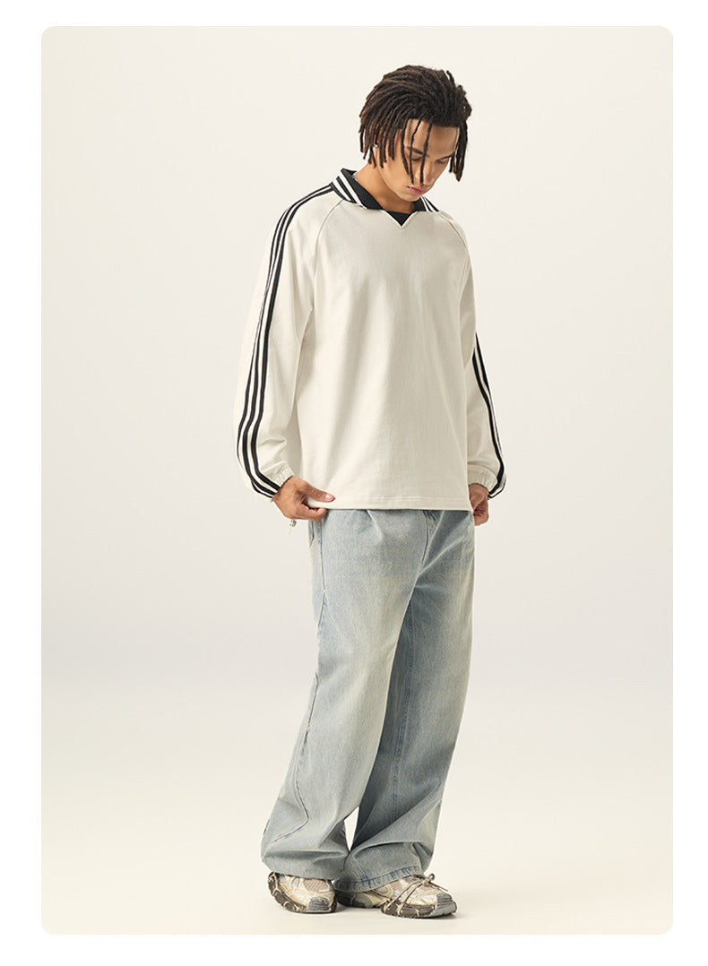 RS Men's Clothing | Cross-border American Striped Pure Cotton Sweatshirt Men's 380G College Style Color Block Turn-down Collar Commuting Men's Sweatshirt 120