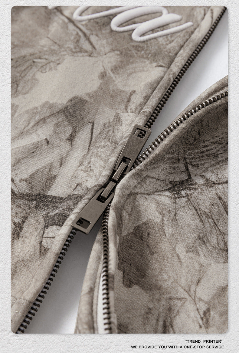 Street Style Chic Winter European and American Style Camouflage Embroidered Fleece-Lined Hoodie Jacket for Men 177