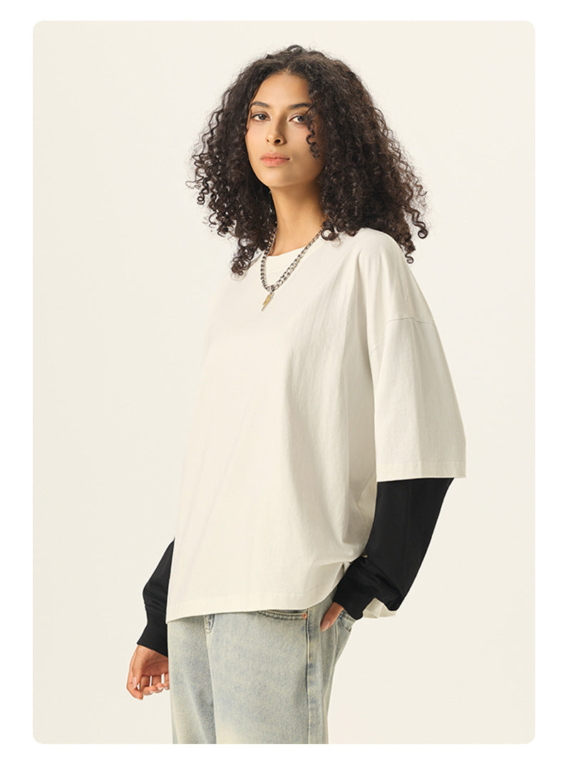 RS Men's Clothing | Cross-border Faux Two-Piece Color Block Long-Sleeve T-Shirt 280G Pure Cotton Short Wide Boxy American Style Patchwork Long-Sleeve T-Shirt 118