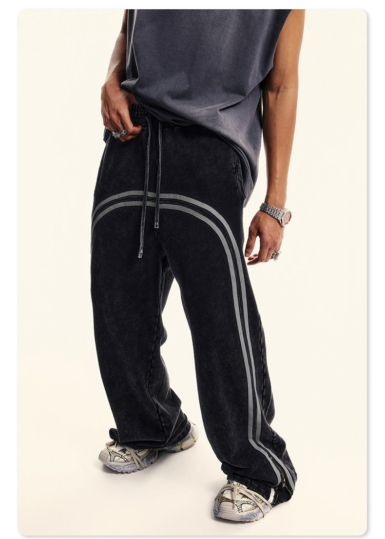 Autumn Street Style American Sporty Straight Leg Pants, Washed Striped Webbing Zipper Long Pants, Wide Leg Sweatpants for Men 105