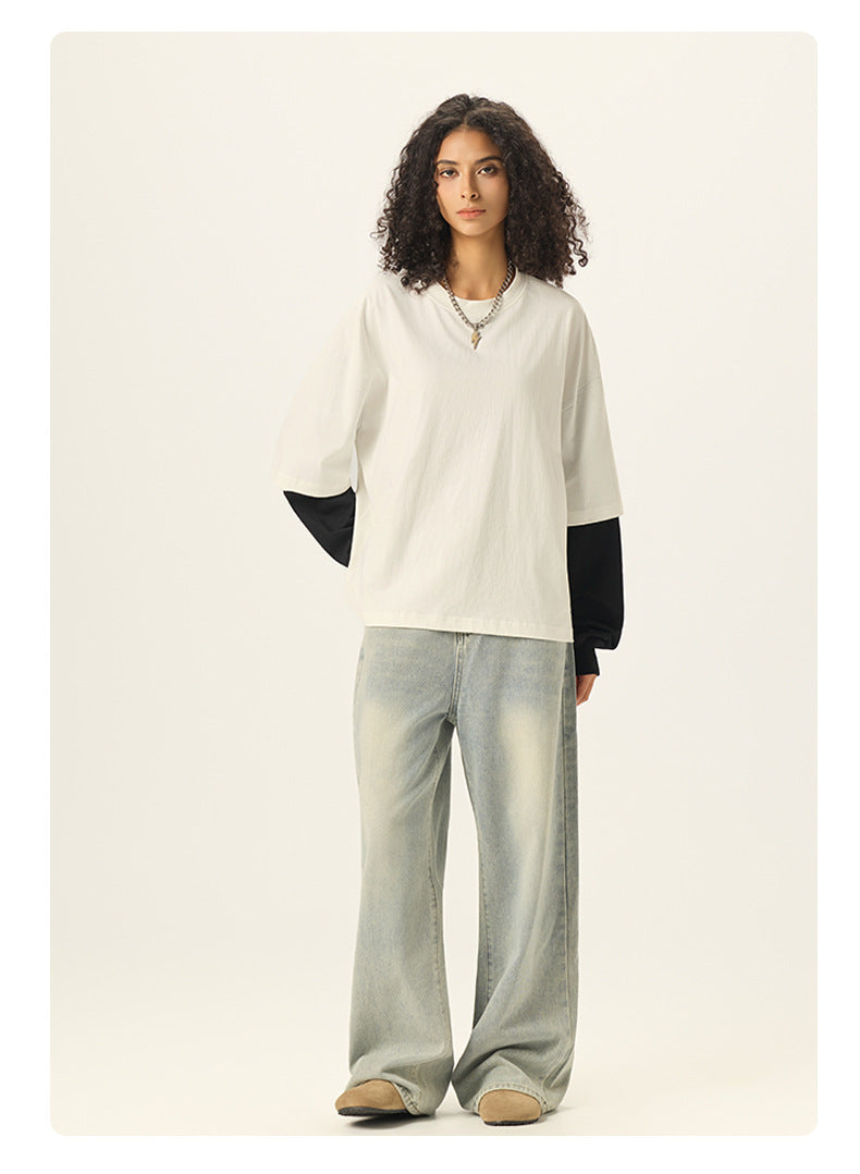 RS Men's Clothing | Cross-border Faux Two-Piece Color Block Long-Sleeve T-Shirt 280G Pure Cotton Short Wide Boxy American Style Patchwork Long-Sleeve T-Shirt 118