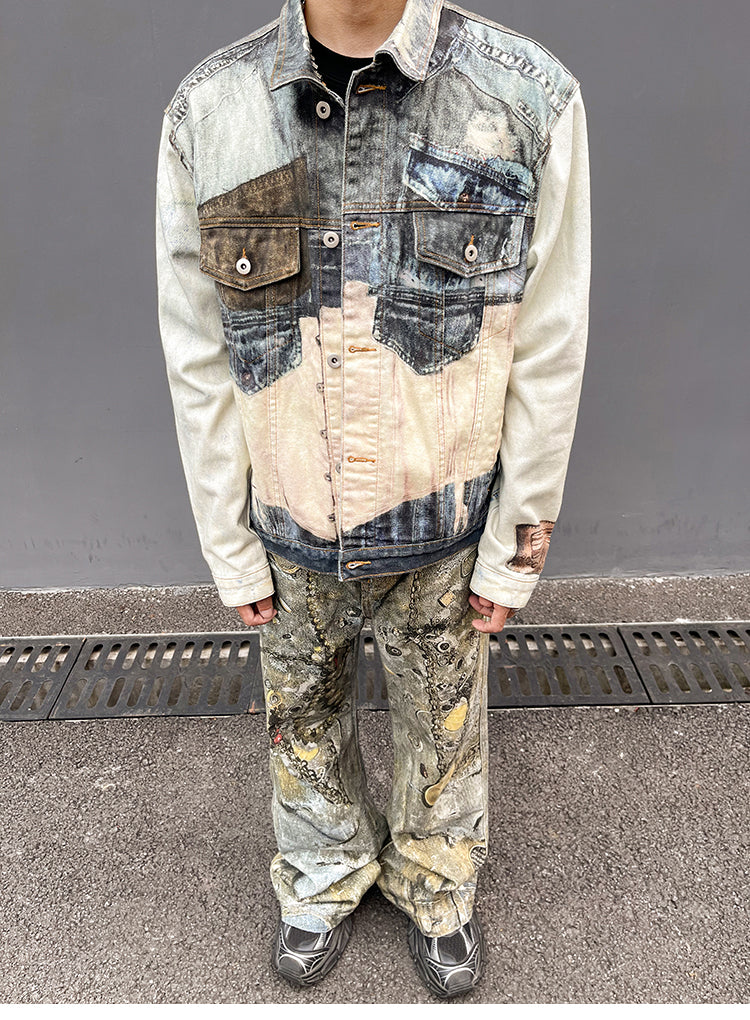 Heavy Single According to Pure Same Color Contrast Trendy Brand Denim Jacket for Men and Women Digital Printing Design Feeling Trendy Handsome Jacket 158