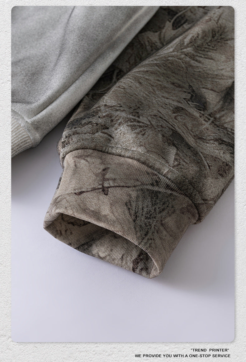 Street Style Chic 2025 American Retro Distressed Color Block Faux Two-Piece Camouflage Hooded Sweatshirt for Men 176