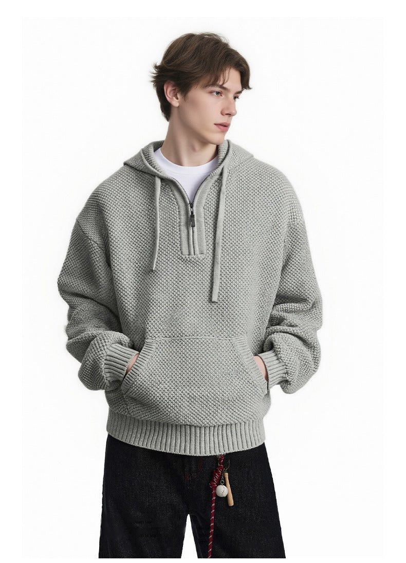 American Retro Textured Half-Zip Hooded Sweater for Men and Women, Autumn Cleanfit Knit Hoodie 171