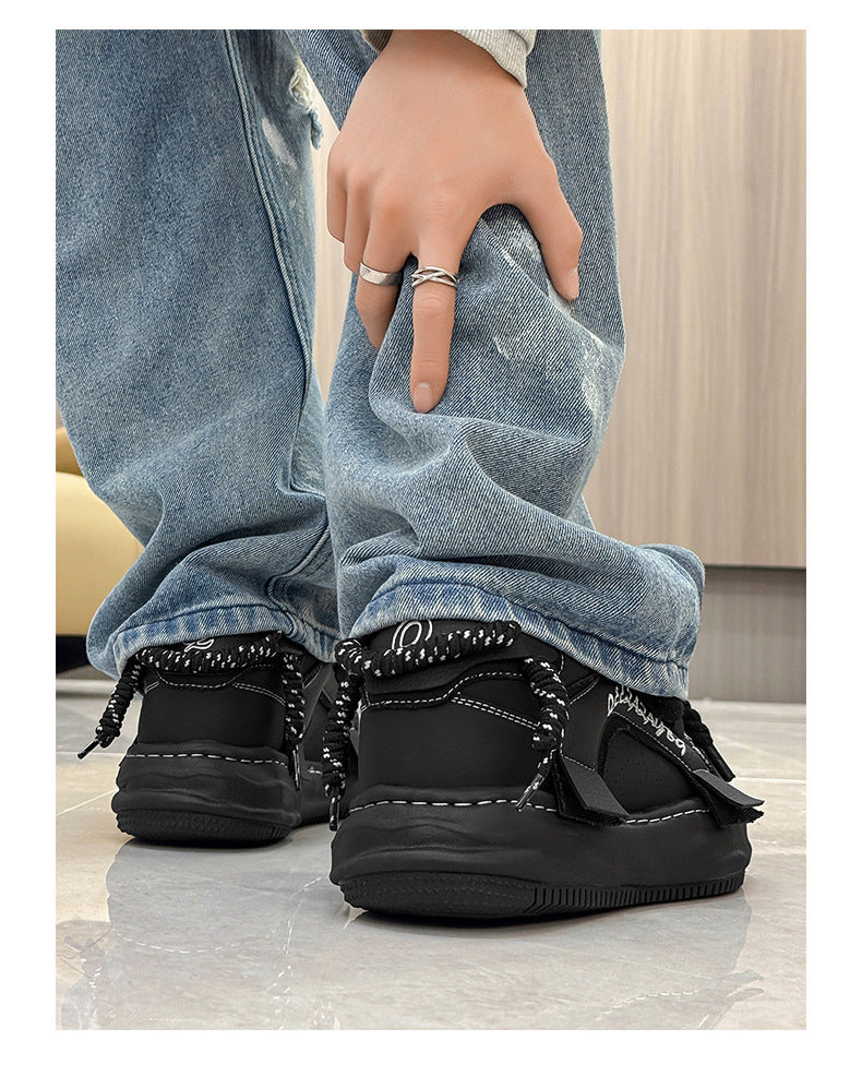 Thick-Soled Black Braided Sports Sneakers