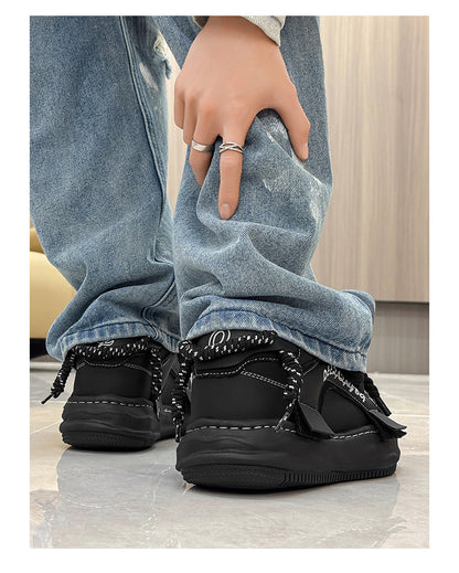 Thick-Soled Black Braided Sports Sneakers
