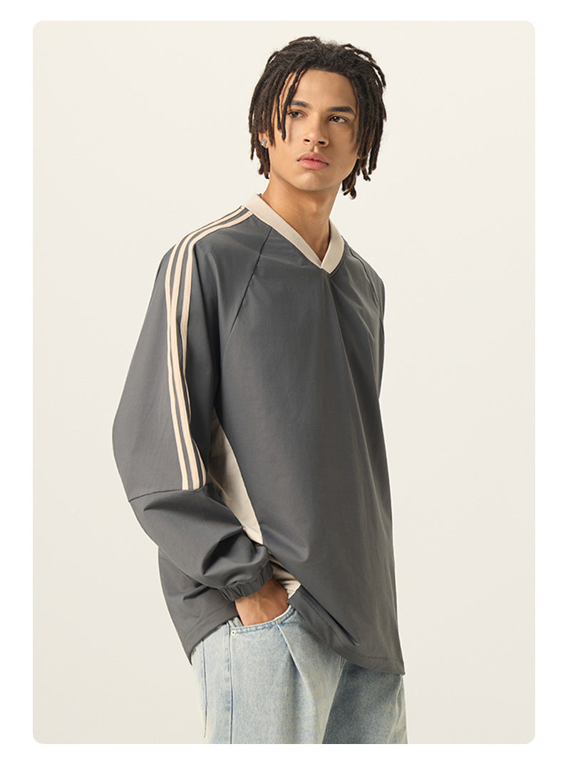 RS Men's Wear | College Style 285G Color Block V-Neck Long-Sleeve T-Shirt, 5A Antibacterial UPF50+ Sun Protection American Style Long-Sleeve T-Shirt 119