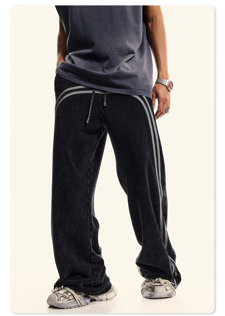 Autumn Street Style American Sporty Straight Leg Pants, Washed Striped Webbing Zipper Long Pants, Wide Leg Sweatpants for Men 105