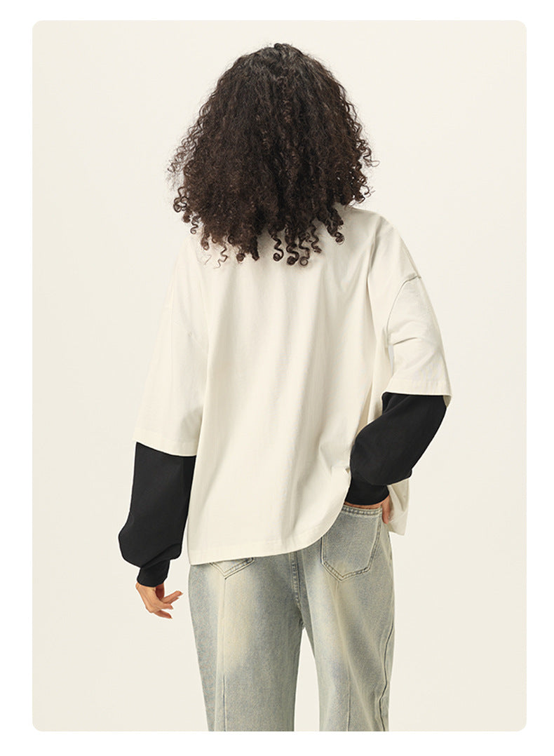 RS Men's Clothing | Cross-border Faux Two-Piece Color Block Long-Sleeve T-Shirt 280G Pure Cotton Short Wide Boxy American Style Patchwork Long-Sleeve T-Shirt 118