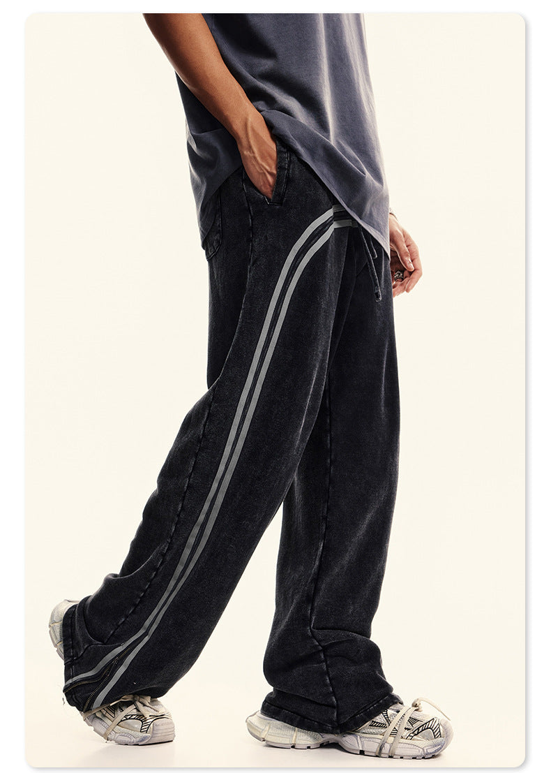 Autumn Street Style American Sporty Straight Leg Pants, Washed Striped Webbing Zipper Long Pants, Wide Leg Sweatpants for Men 105