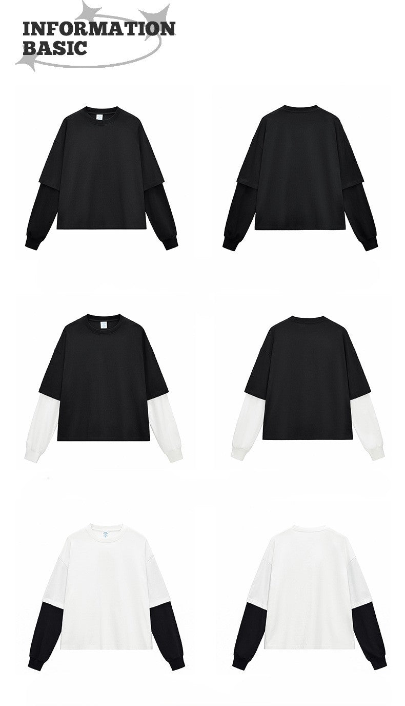 RS Men's Clothing | Cross-border Faux Two-Piece Color Block Long-Sleeve T-Shirt 280G Pure Cotton Short Wide Boxy American Style Patchwork Long-Sleeve T-Shirt 118