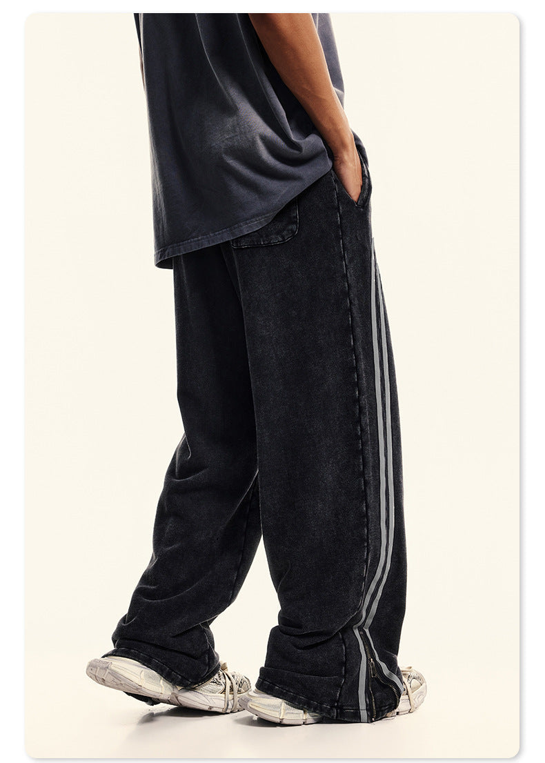Autumn Street Style American Sporty Straight Leg Pants, Washed Striped Webbing Zipper Long Pants, Wide Leg Sweatpants for Men 105