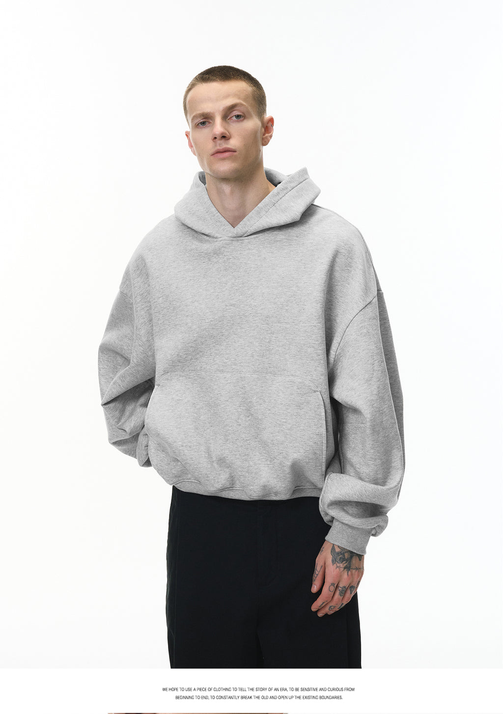 340G Heavyweight Fleece-Lined Hoodie with Curved Sleeves, Men's American Style, Cleanfit Short Solid Color Warm Hoodie 143