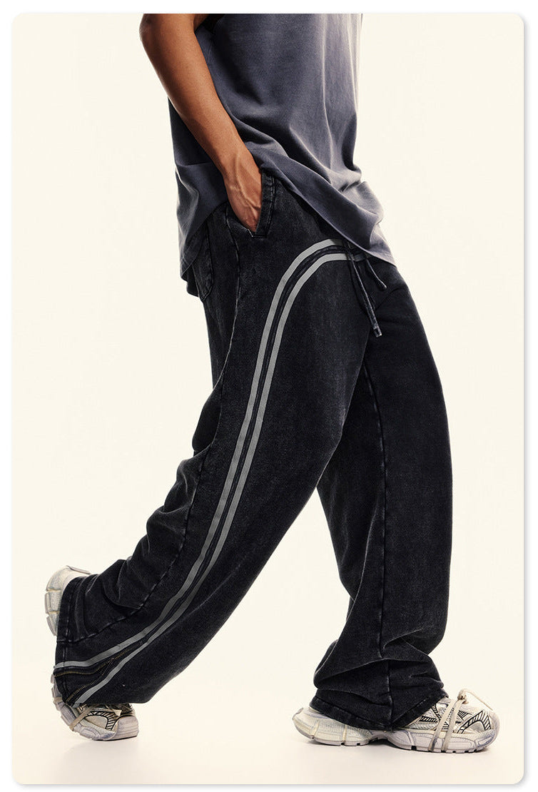 Autumn Street Style American Sporty Straight Leg Pants, Washed Striped Webbing Zipper Long Pants, Wide Leg Sweatpants for Men 105