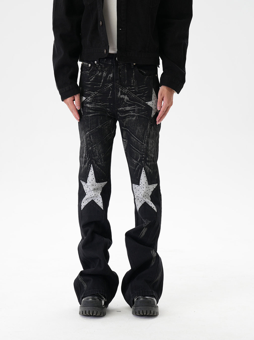 CWHAT American-style high street stitching three-dimensional tailoring deconstruction five-pointed star hot drilling brush dirty slim Micro-jeans men