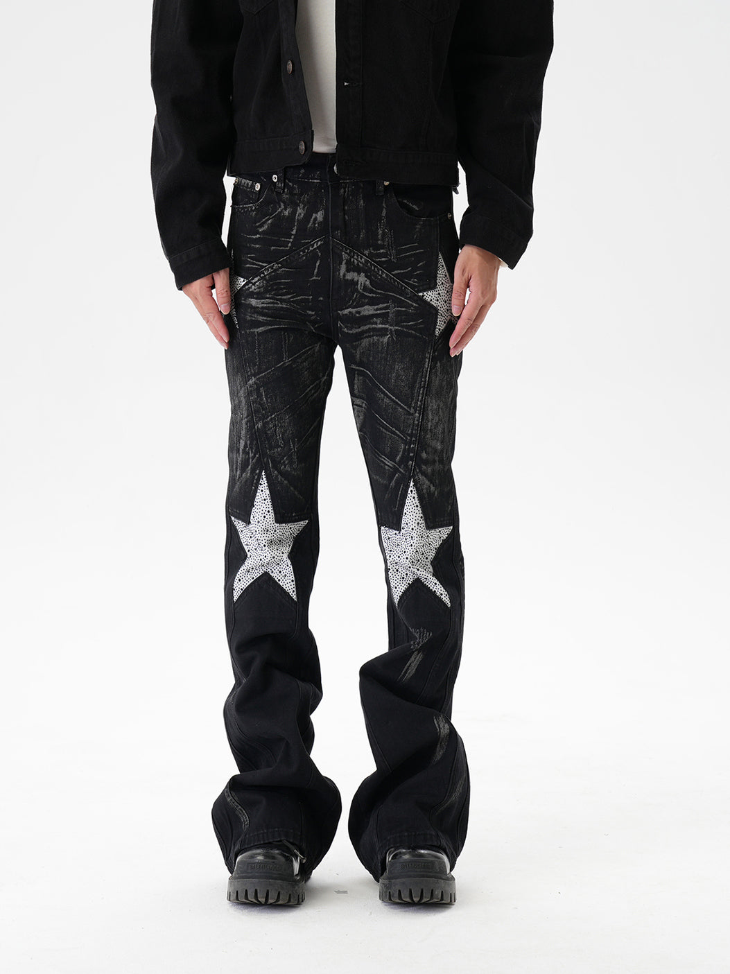 CWHAT American-style high street stitching three-dimensional tailoring deconstruction five-pointed star hot drilling brush dirty slim Micro-jeans men