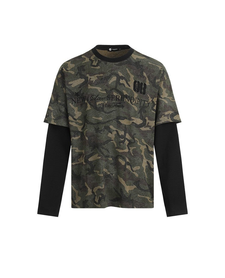 American Retro Camouflage Letter Embroidery Patchwork Faux Two-Piece Long-Sleeve T-Shirt Men's Trendy Sports Top 172