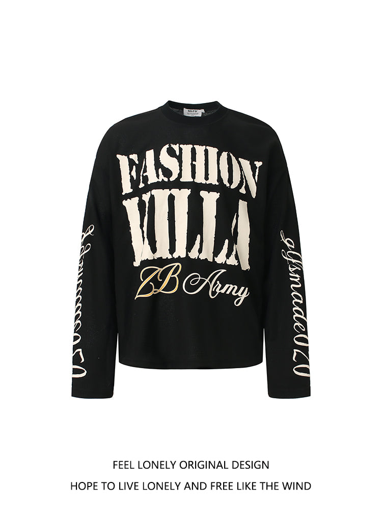 Feel lonely American retro letter waffle long-sleeved T-shirt for men, autumn, loose-fitting and high-quality top for couples. 147