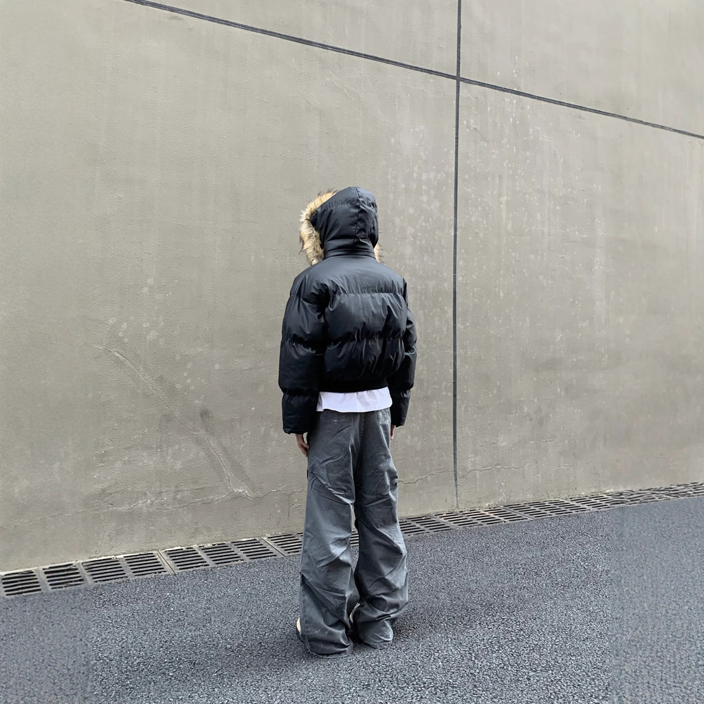 Basic cotton-padded coat with detachable hood / Winter loose-fitting street style jacket for men and women with hooded down jacket 159