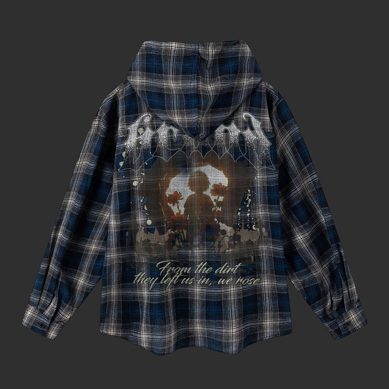 Grey-Blue Plaid Hooded Flannel Shirt with Gothic Embroidery | FlipFit