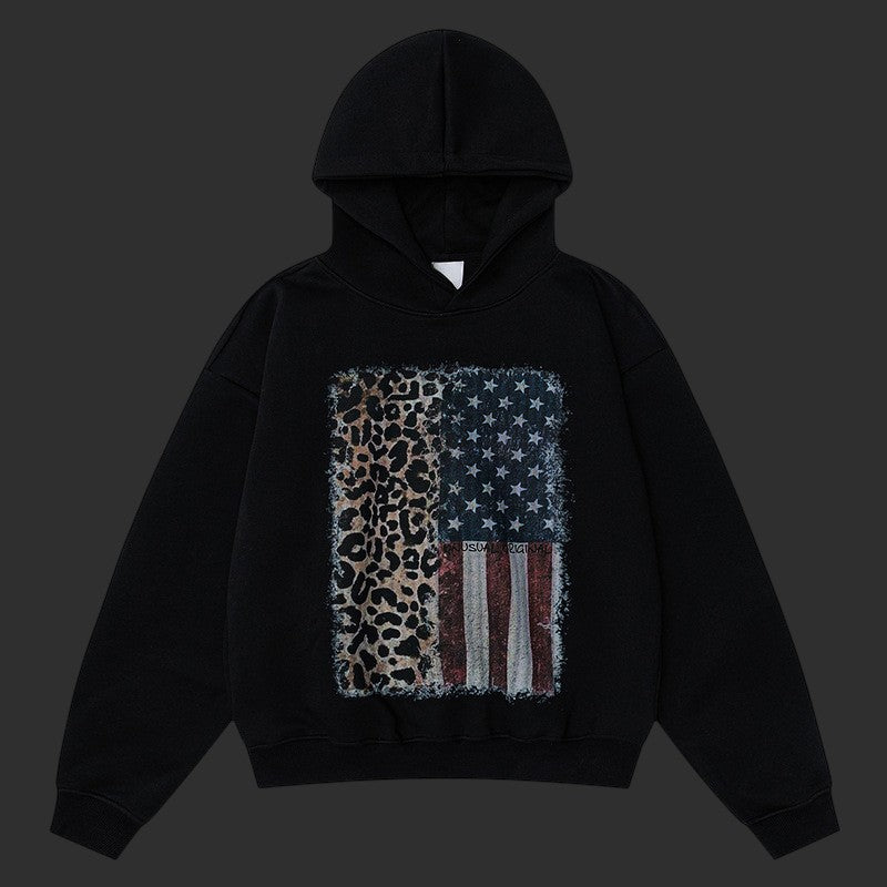 Leopard American Flag Hoodie Men Distressed Print Oversized Streetwear Hoodie | FlipFit