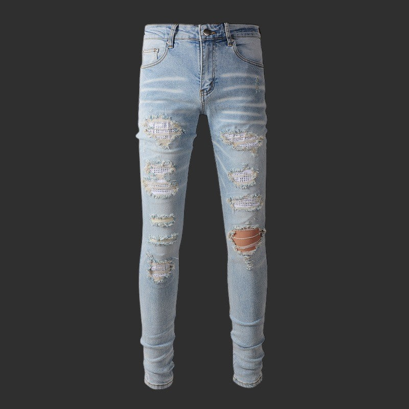 LIGHT BLUE RHINESTONE MESH PATCH RIPPED SKINNY JEANS DISTRESSED STREETWEAR DENIM | FLIPFIT