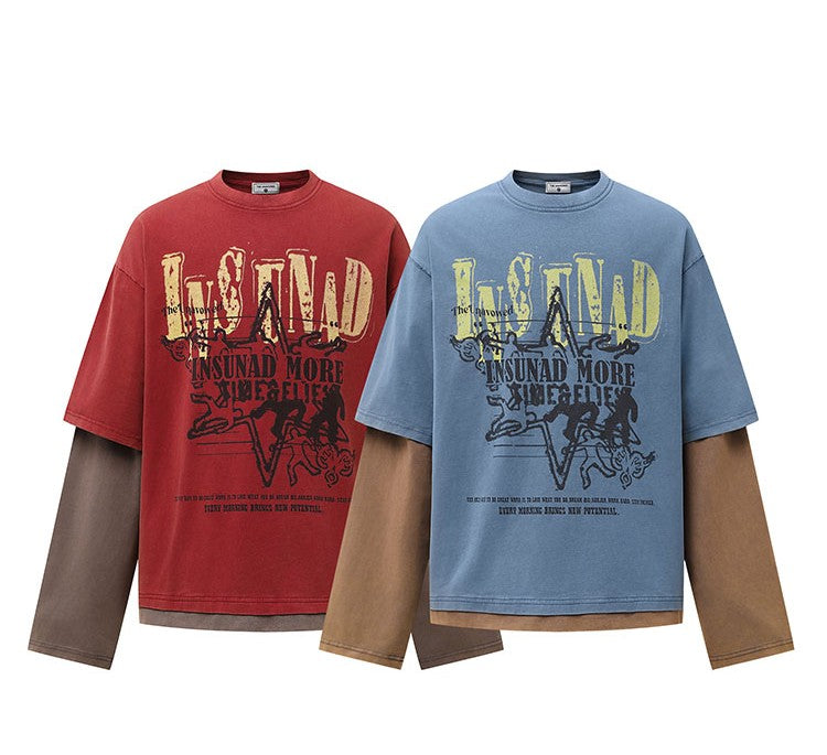 K787 American Retro Old Letter Printed Long-sleeved T-shirt Men's Fake Two-piece Sports Hip-hop Loose Casual Top 154