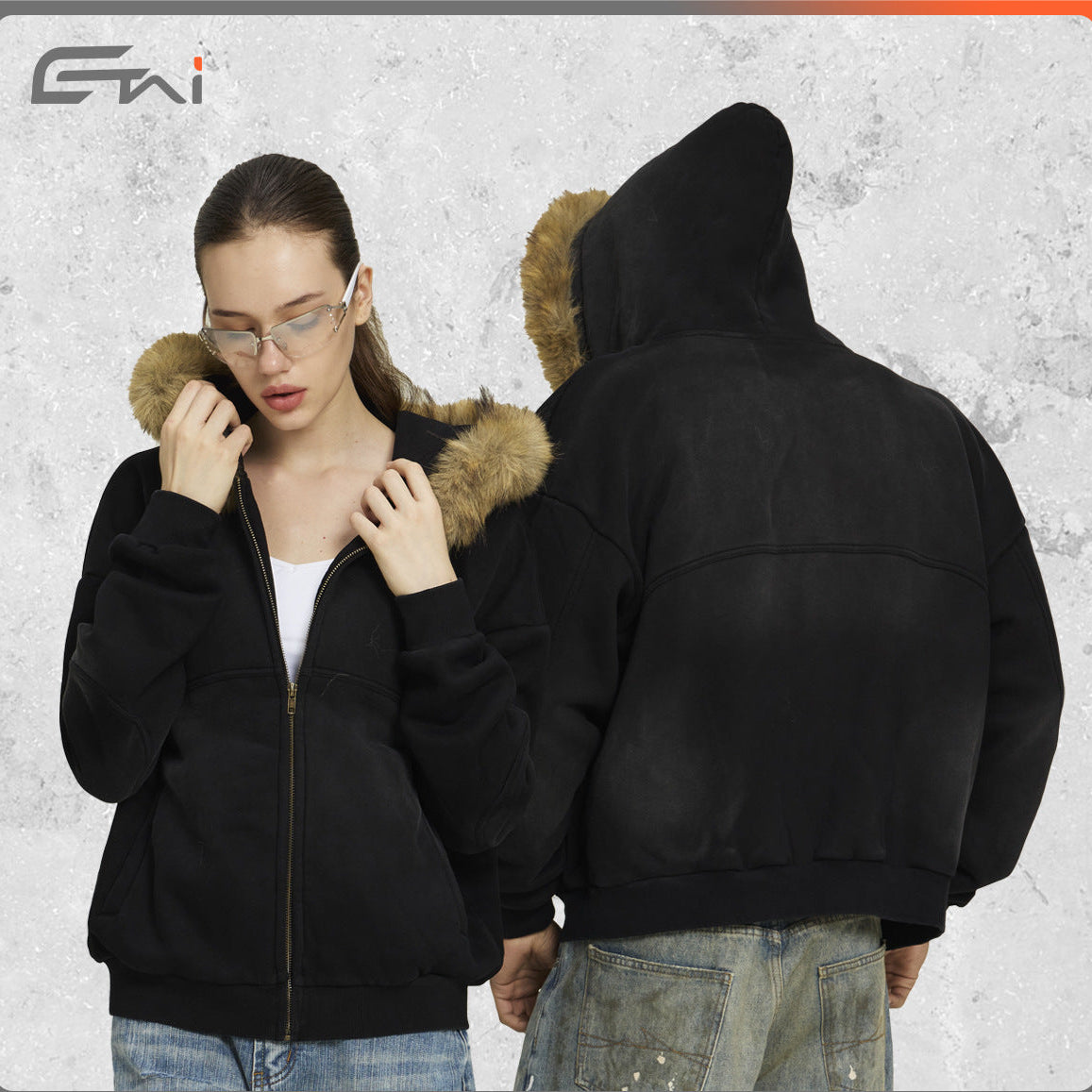 Men's Clothing | Loose Short Style Men's Trendy Brand High-Quality Heavyweight Boxy Hooded Sweatshirt with Horsehair Collar and Zipper. 163