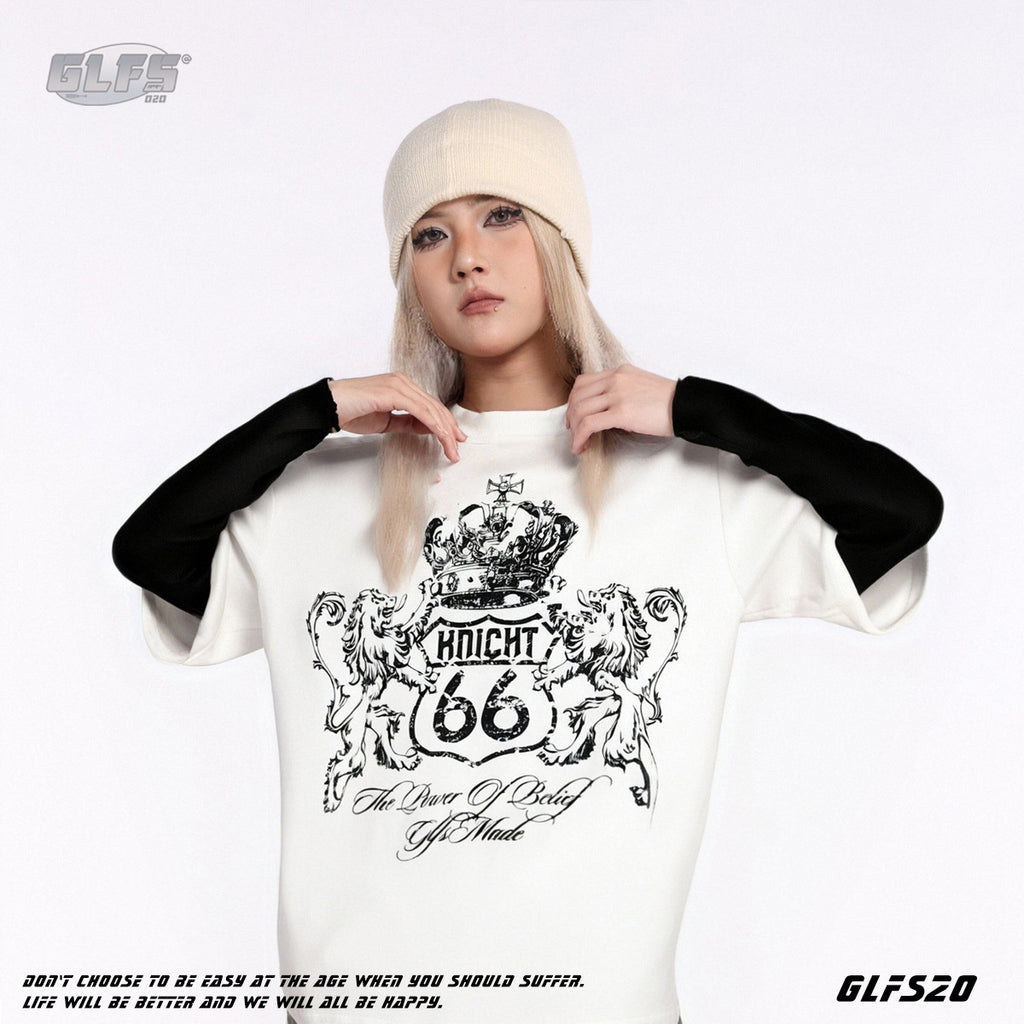 GLFS Subculture Crown Faux Two-Piece Couple Top Long Sleeve Trendy Streetwear Men's Sports Base Layer Autumn Sweatshirt 130