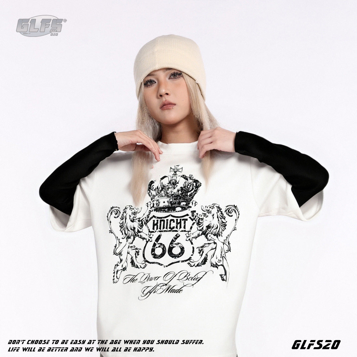 GLFS Subculture Crown Faux Two-Piece Couple Top Long Sleeve Trendy Streetwear Men's Sports Base Layer Autumn Sweatshirt 130