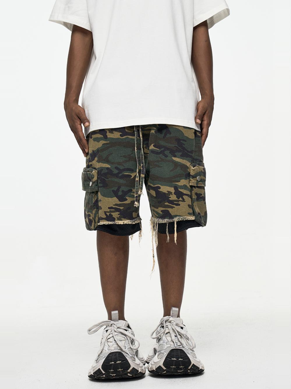 High Street washed rough edge distressed double layer retro tooling pocket fashion camouflage shorts summer pants men's