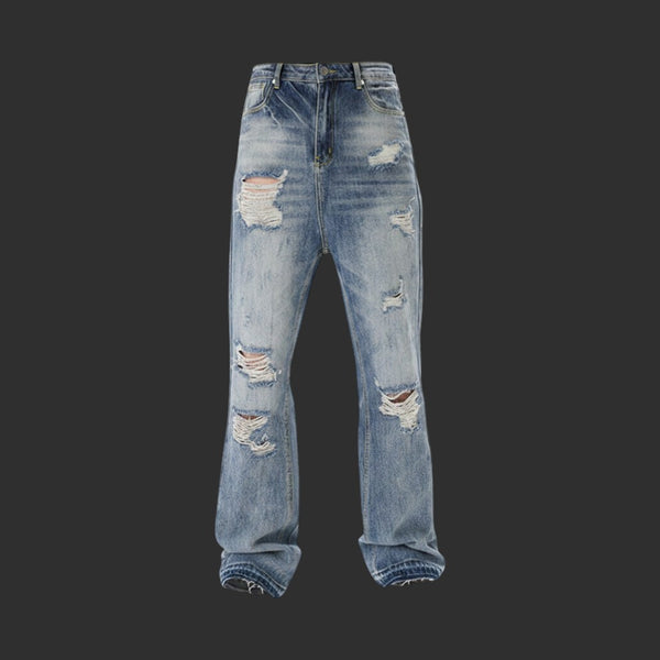 LIGHT BLUE HEAVY DESTROYED WIDE LEG JEANS RIPPED BAGGY STREETWEAR DENIM | FLIPFIT
