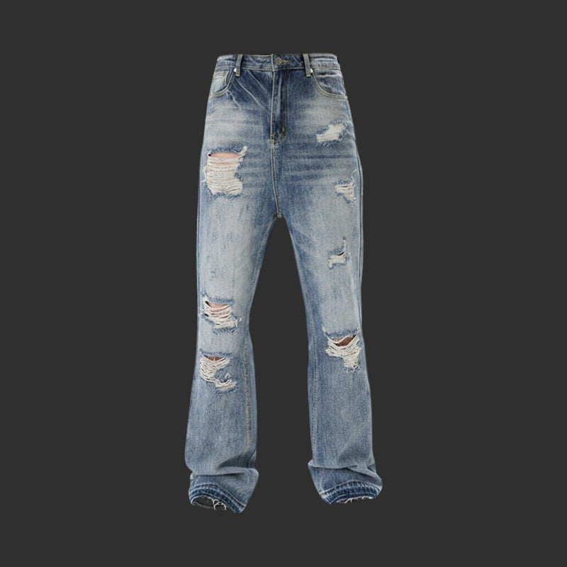 LIGHT BLUE HEAVY DESTROYED WIDE LEG JEANS RIPPED BAGGY STREETWEAR DENIM | FLIPFIT