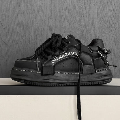 Thick-Soled Black Braided Sports Sneakers