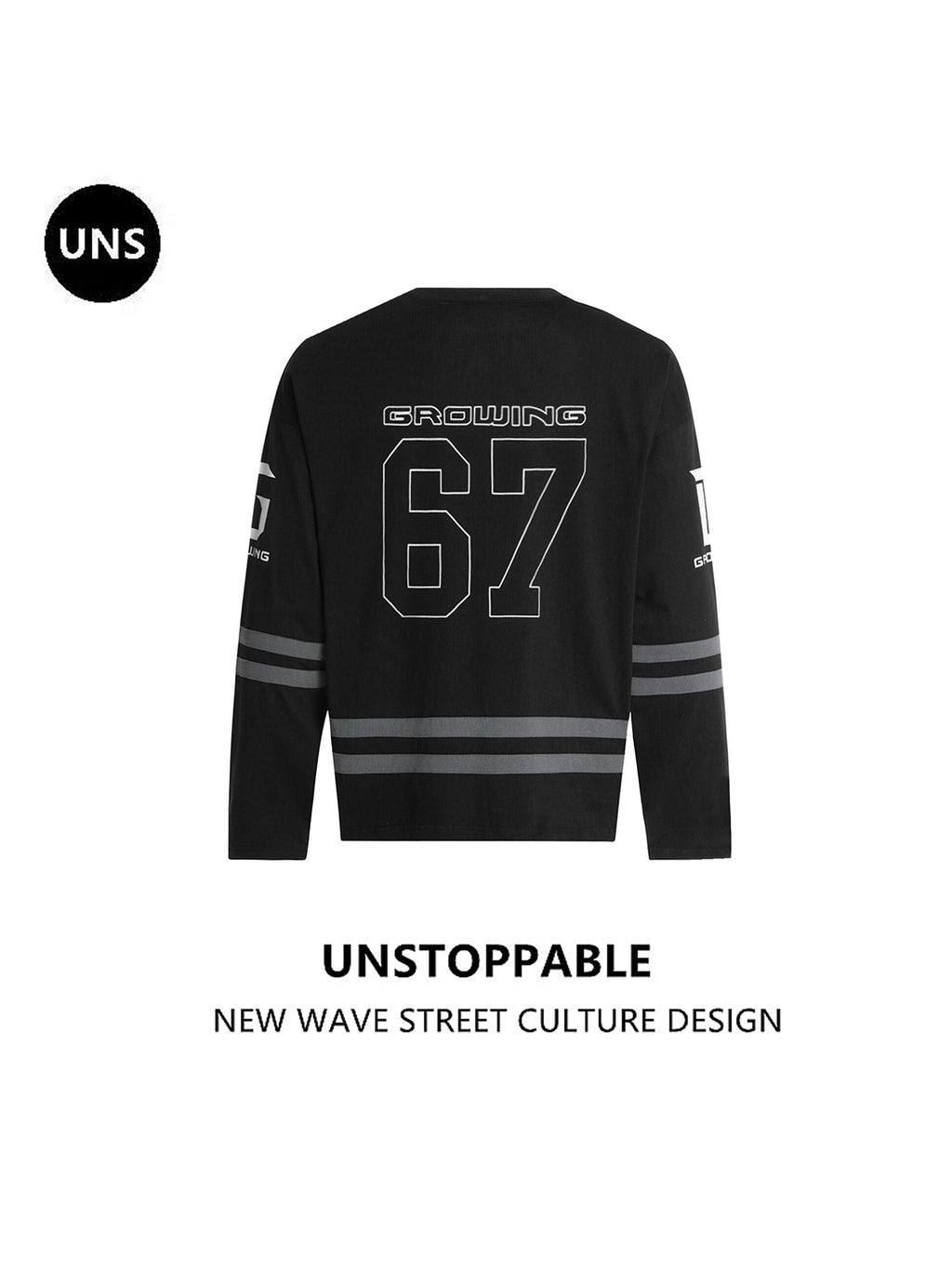 UNS American Street Retro Letter Stripe V-Neck Long Sleeve T-Shirt, Unisex, Trendy Brand, Casual Loose Fit Sports J 138