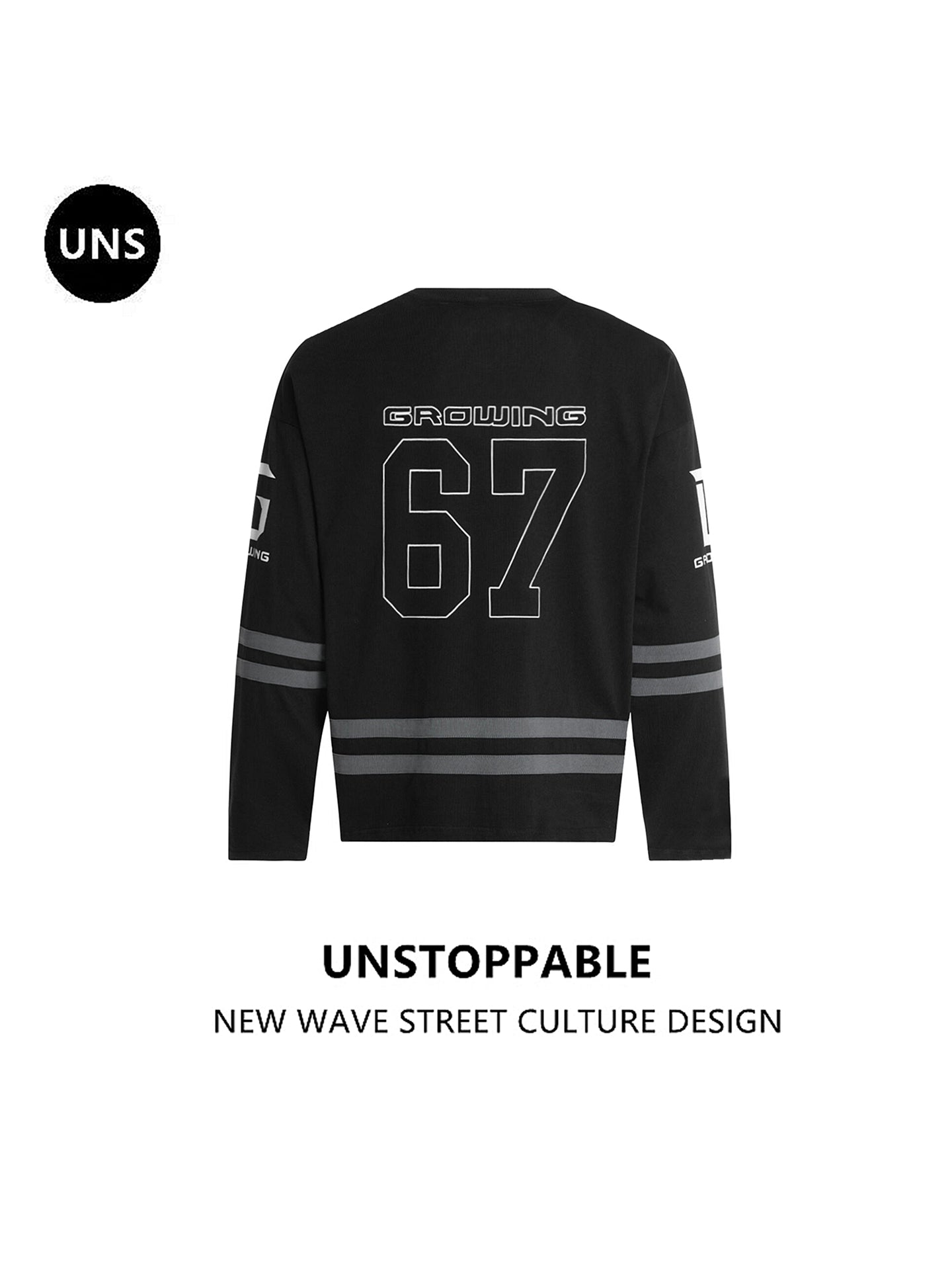 UNS American Street Retro Letter Stripe V-Neck Long Sleeve T-Shirt, Unisex, Trendy Brand, Casual Loose Fit Sports J 138