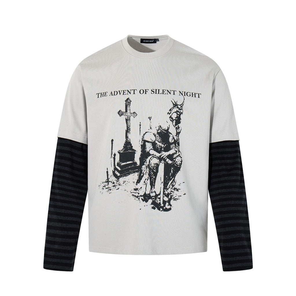 Men's 2025 Autumn American Street Hip Hoodie Faux Two-Piece Dark Print T-Shirt Long Sleeve 165