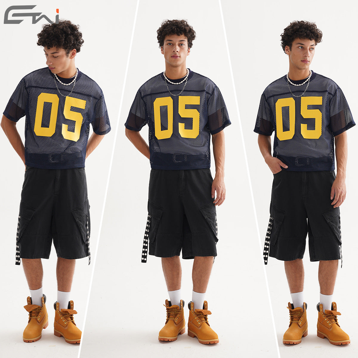 In stock, short-sleeved, wide-fit mesh sportswear, polygonal mesh, loose fit, casual sports printed men's T-shirt. 129