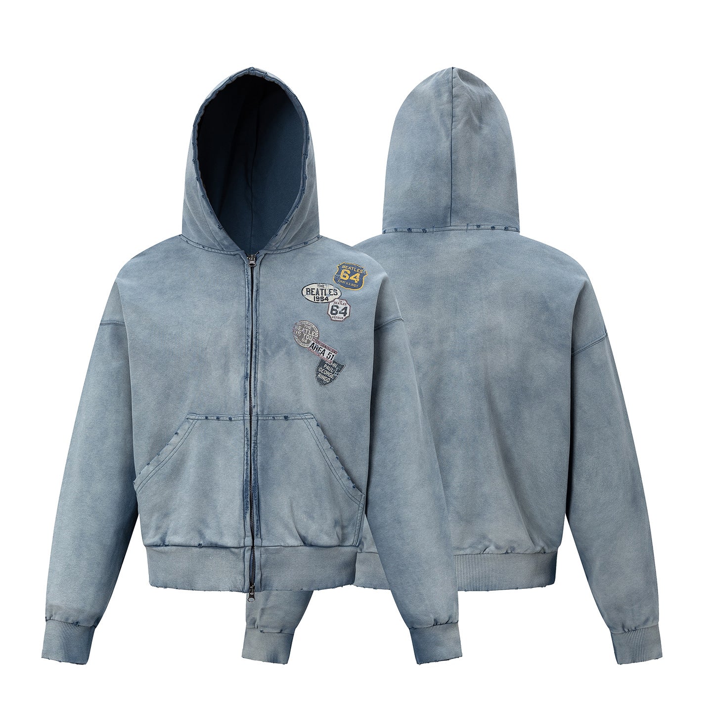 27362 American-style trendy washed distressed print short wide men's hooded cardigan sweatshirt jacket 148