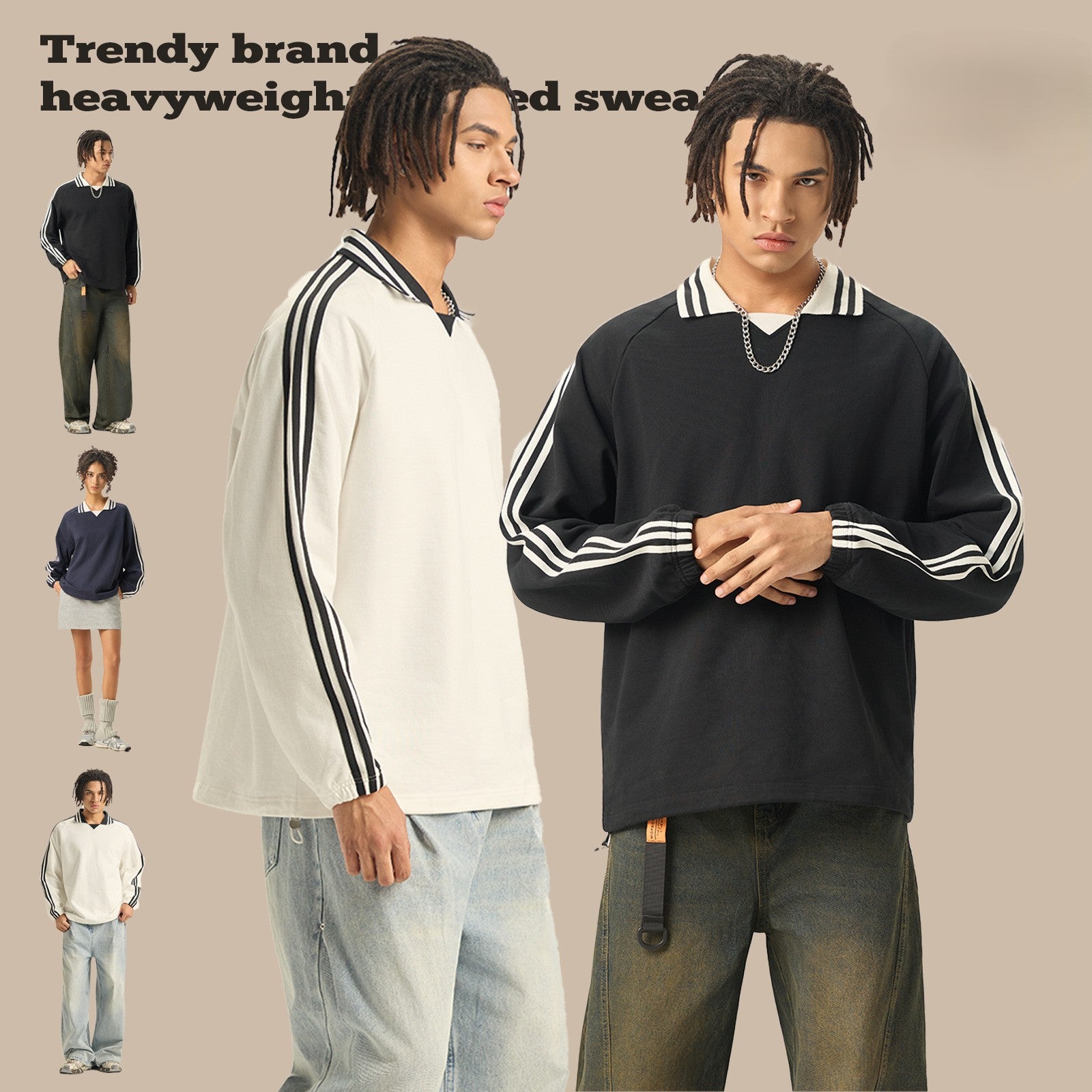 RS Men's Clothing | Cross-border American Striped Pure Cotton Sweatshirt Men's 380G College Style Color Block Turn-down Collar Commuting Men's Sweatshirt 120