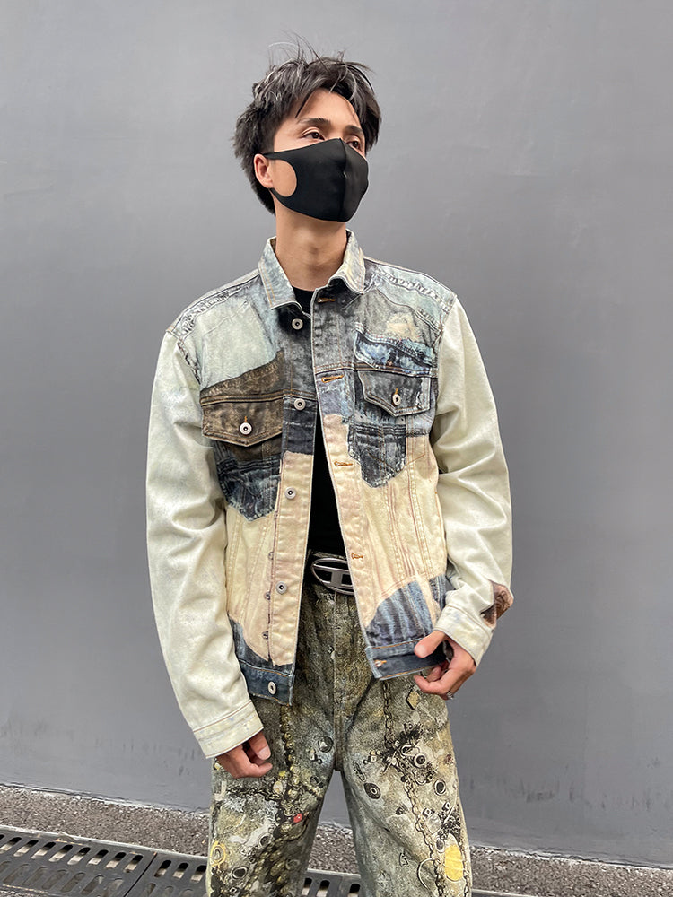 Heavy Single According to Pure Same Color Contrast Trendy Brand Denim Jacket for Men and Women Digital Printing Design Feeling Trendy Handsome Jacket 158