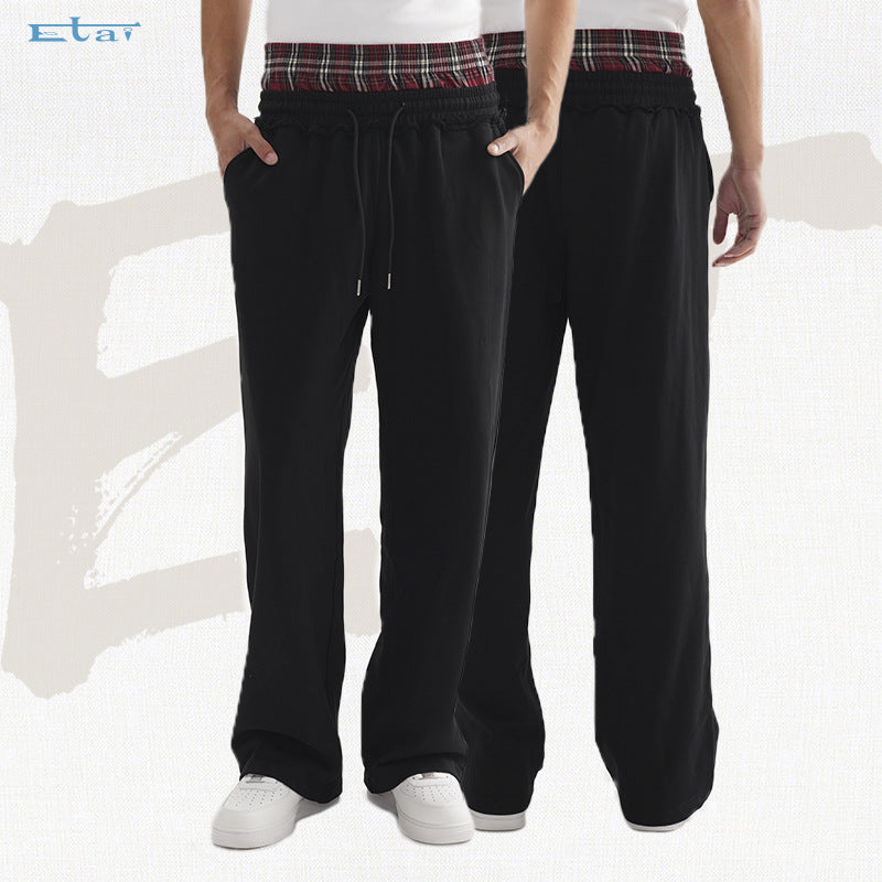Men's Wear | Trendy Color-Blocked Wide-Leg Sweatpants with Adjustable Double Elastic Waistband, Casual Slouchy Pants 101