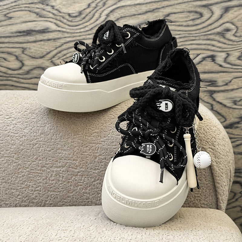 Thick-Soled Round-Toe Mickey Black and White Chunky Sneakers