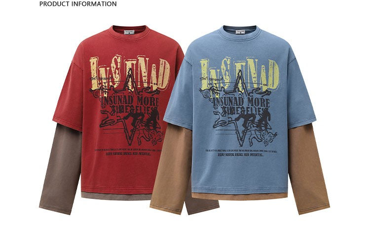 K787 American Retro Old Letter Printed Long-sleeved T-shirt Men's Fake Two-piece Sports Hip-hop Loose Casual Top 154