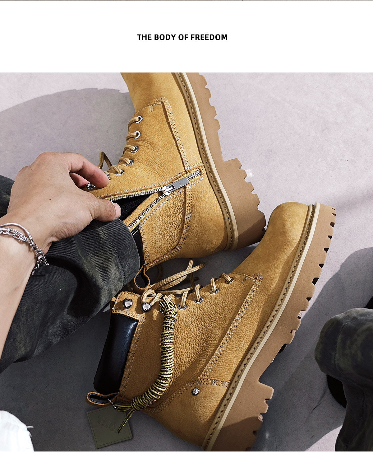 Tbof【Lightweight】Men's Leather High-Top Martin Boots, Outdoor Work Hiking Shoes, Thick-Soled Height-Increasing Yellow Boots