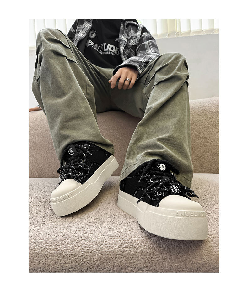 Thick-Soled Round-Toe Mickey Black and White Chunky Sneakers