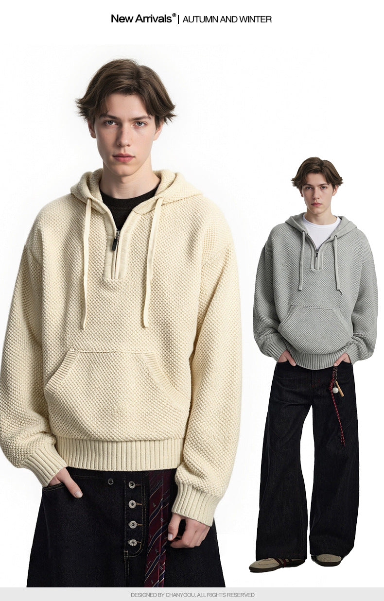 American Retro Textured Half-Zip Hooded Sweater for Men and Women, Autumn Cleanfit Knit Hoodie 171